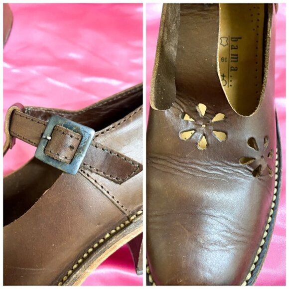 Y2K Vintage leather T strap chunky shoes with cutouts, late 90s - Picture 7 of 10